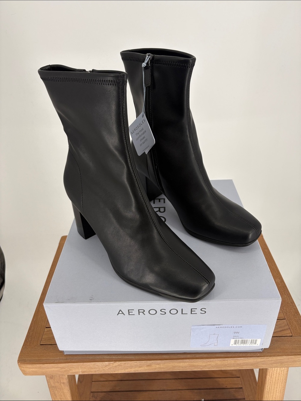 New AEROSOLES MILEY Black Leather Square-Toe Mid-Calf Zip Heel Boots size 9W